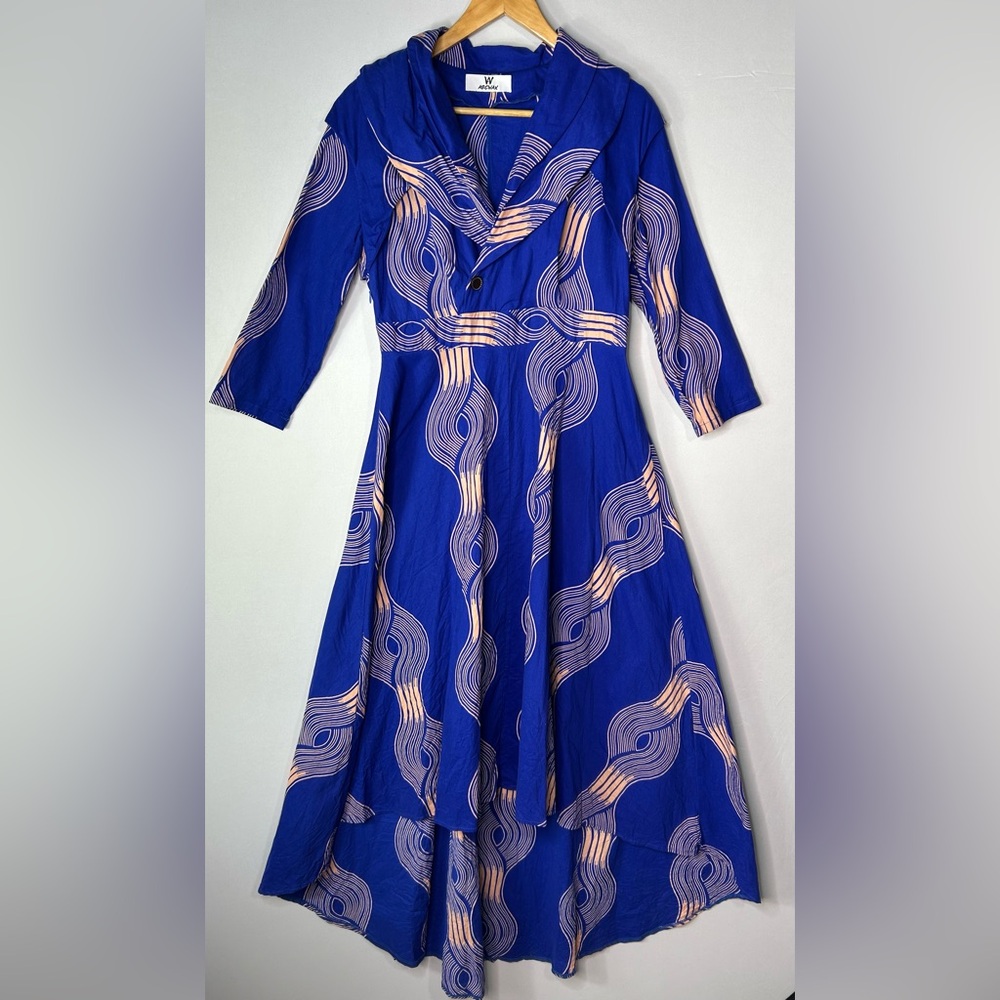 Cobalt Royal Blue High Low Vintage Cotton Dress with Peach Swirl Geometric Print